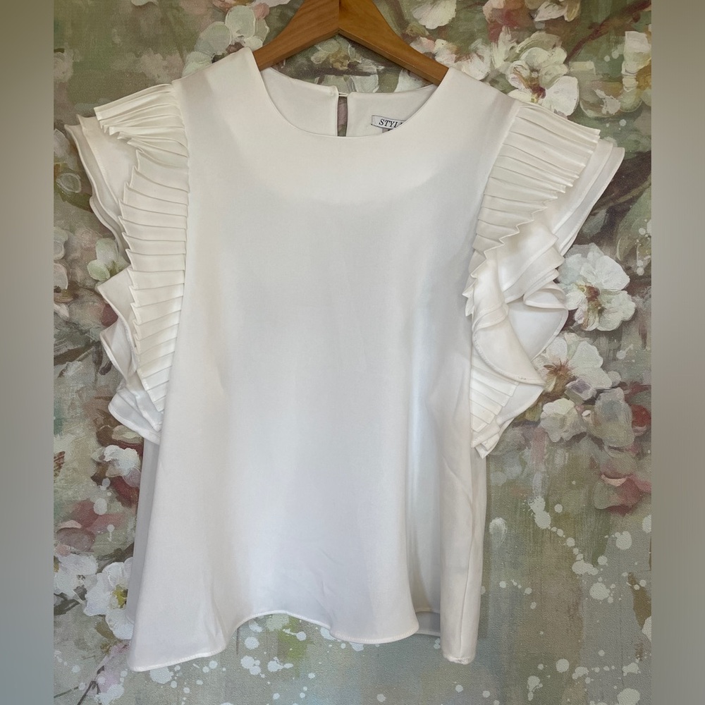 Anthropologie White Ruffle Sleeve Blouse
